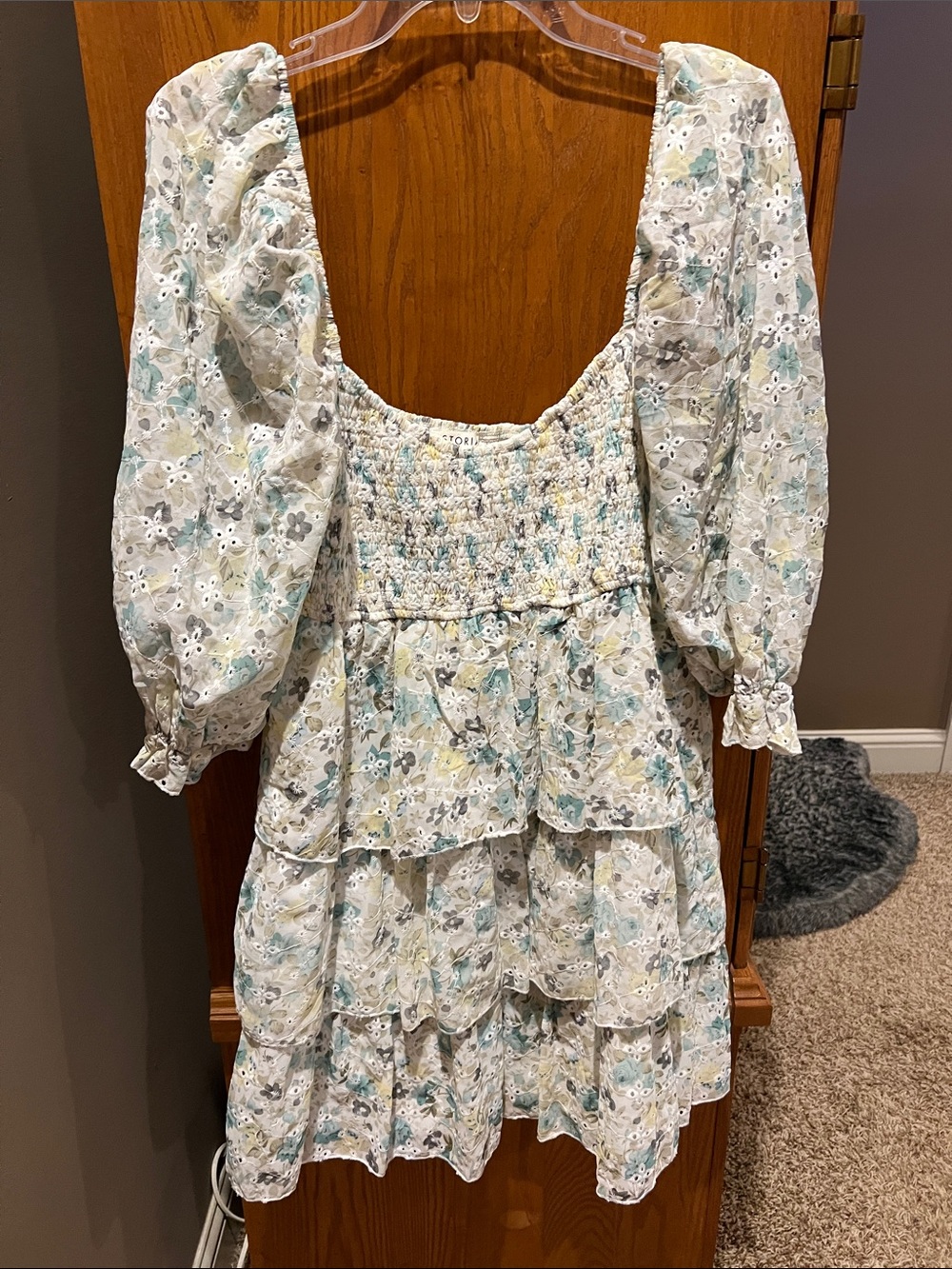 Storia Puff-Sleeve Floral Eyelet Mini Dress in White, Light Blue, Gray